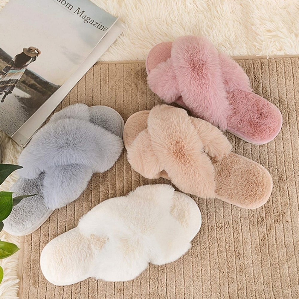 Tan/Peachy Fluffy Cross Band Slippers - Picture 5 of 7